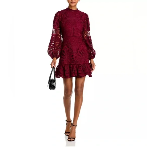 fitted lace wedding dress Retro Stage Burgundy Flocked Floral Mini Dress